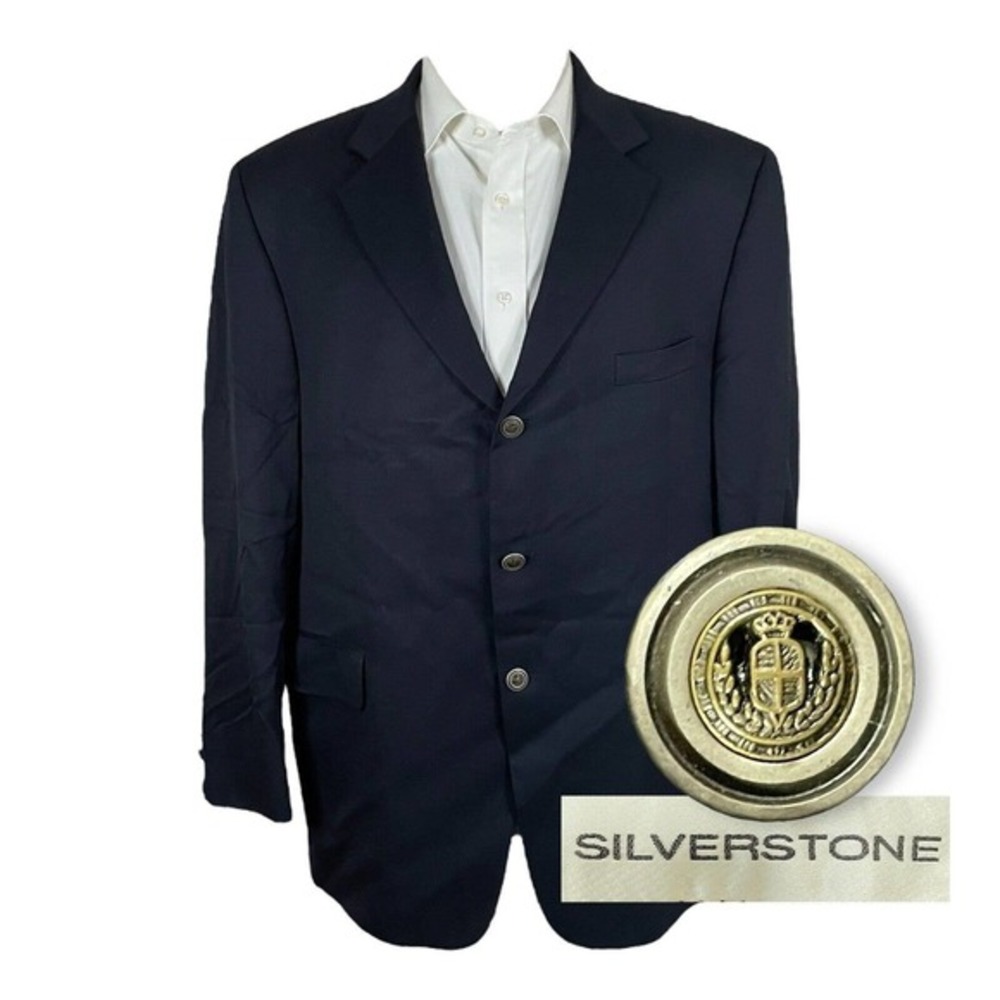 SIlverstone Blazer Mens 46R Solid‎ Navy Blue Three Silver Metal Buttons Wool